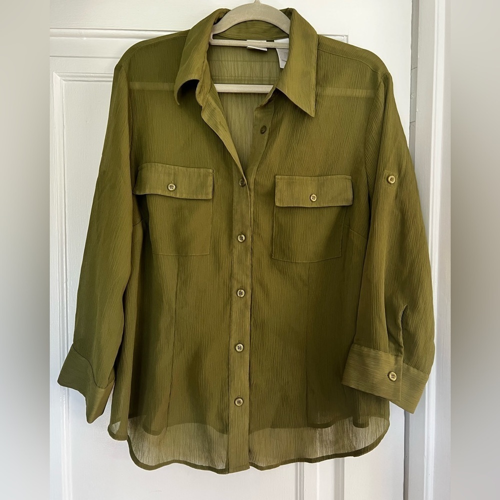 Emma James 16W Sheer Olive Green Blouse Plus Size Button Down Lightweight Top